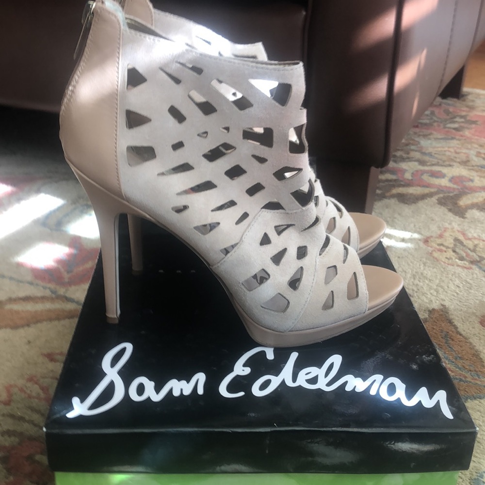 Sam Edelman taupe suede cutout Ellie open-toe platform heel